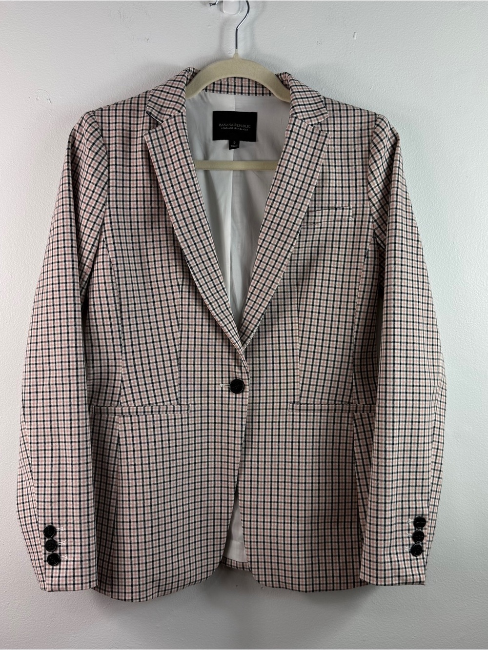 Banana Republic Long Lean Blazer Womens 2 Pink Plaid Professional Jacket Preppy